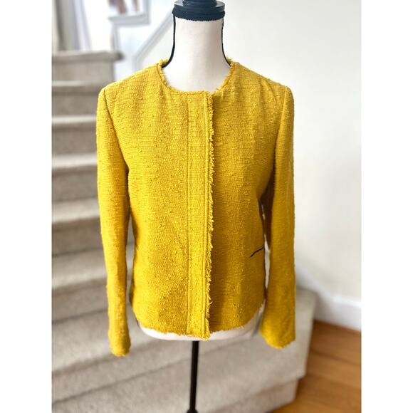 Massimo Dutti Mustard Yellow Boucle Tweed Fringe Blazer - Picture 1 of 8